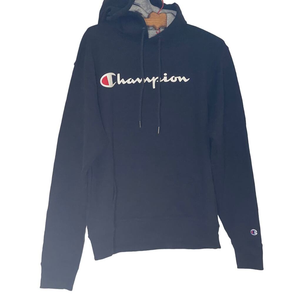 Men's Champion Black Jersey Knit Lined Sweatshirt L/S Hoodie SIZE M